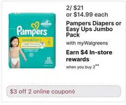 Walgreens Pampers Diapers or Easy Ups Jumbo Pack offer