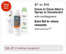 Walgreens Dove or Dove Men's Spray or Deodorant offer