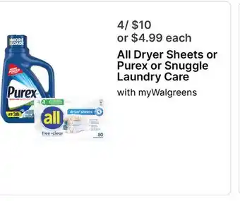 Walgreens All Dryer Sheets or Purex or Snuggle Laundry Care offer