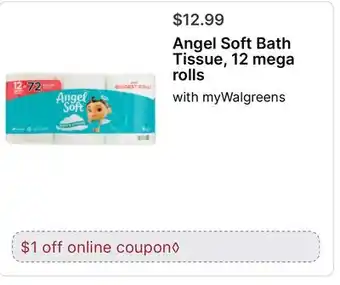 Walgreens Angel Soft Bath Tissue, 12 mega rolls offer