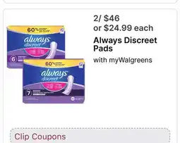 Walgreens Always Discreet Pads offer