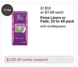 Walgreens Poise Liners or Pads, 20 to 48 pack offer