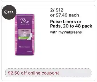 Walgreens Poise Liners or Pads, 20 to 48 pack offer