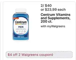 Walgreens Centrum Vitamins and Supplements, 200 CT offer