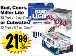 Superior Grocers Bud, Coors, Miller Lite 30 Pack / 12 oz. Cans or Cutwater 12 Pack / 6.7 oz. Cans offer