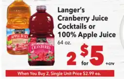 Vallarta Supermarkets Langer's Cranberry Juice Cocktails or 100% Apple Juice offer