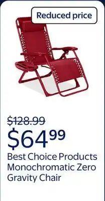 Walmart Best Choice Products Monochromatic Zero Gravity Chair, Folding Patio Recliner w/Side Tray offer