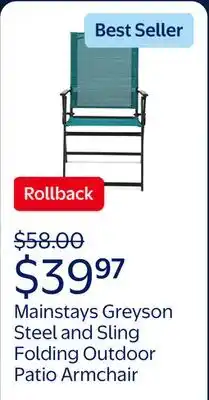 Walmart Mainstays Greyson Steel and Sling Folding Outdoor Patio Armchair offer