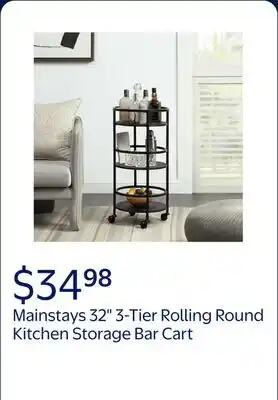 Walmart Mainstays 32 3-Tier Rolling Round Kitchen Storage Bar Cart, Black offer