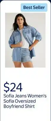 Walmart Sofia Jeans Women's and Women's Plus Sofia Oversized Boyfriend Shirt with Long Sleeves offer