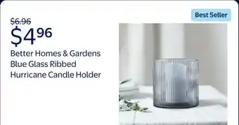 Walmart Better Homes & Gardens Blue Glass Ribbed Hurricane Candle Holder, 5, Medium, Living Room offer