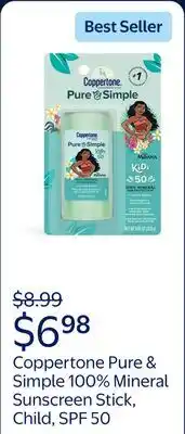 Walmart Coppertone Pure & Simple, 100% Mineral Sunscreen Stick, Child, SPF 50 offer