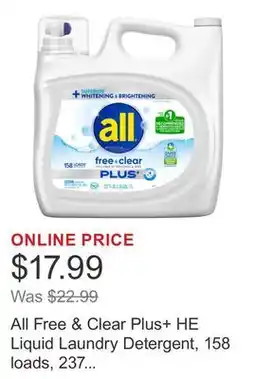 Costco All Free & Clear Plus+ HE Liquid Laundry Detergent, 158 loads, 237 fl oz offer