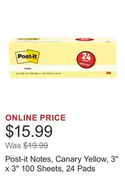 Costco Post-it Notes, Canary Yellow, 3 x 3 100 Sheets, 24 Pads offer