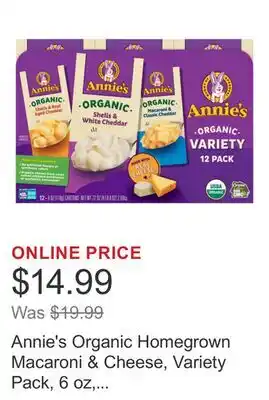 Costco Annie's Organic Homegrown Macaroni & Cheese, Variety Pack, 6 oz, 12-pack offer