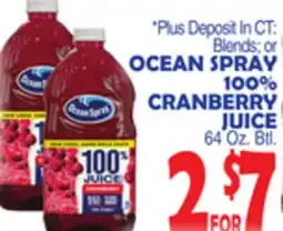 Bravo Supermarkets OCEAN SPRAY 100% CRANBERRY JUICE offer