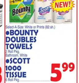 Bravo Supermarkets BOUNTY DOUBLES TOWELS 2 Roll Pkg. Bathroom White • SCOTT 1000 TISSUE 6 Roll Pkg offer