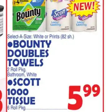 Bravo Supermarkets BOUNTY DOUBLES TOWELS 2 Roll Pkg. Bathroom White • SCOTT 1000 TISSUE 6 Roll Pkg offer