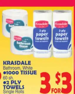 Bravo Supermarkets KRASDALE Bathroom, White • 1000 TISSUE •2 PLY TOWELS Single Rolls offer