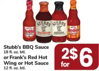 ACME Stubb's BBQ Sauce 18 fl. oz. btl. or Frank's Red Hot Wing or Hot Sauce 12 fl. oz. btl offer