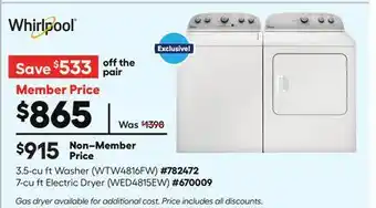 Lowe's 3.5-cu ft Washer, 7-cu ft Electric Dryer offer