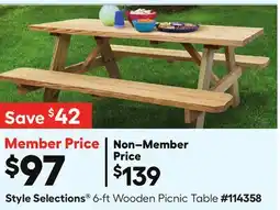Lowe's Style Selections 6-ft Wooden Picnic Table offer
