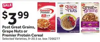 Stop&Shop Post Great Grains, Grape Nuts or Premier Protein Cereal offer