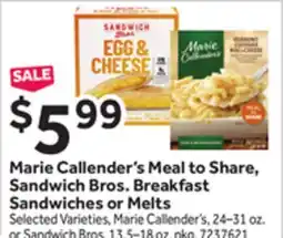 Stop&Shop Marie Callender's Meal to Share, Sandwich Bros. Breakfast Sandwiches or Melts offer