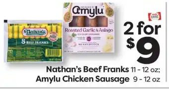 Weis Markets Nathan's Beef Franks 11-12 oz Amylu Chicken Sausage 9-12 oz offer