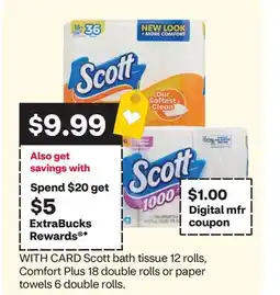 CVS Scott bath tissue 12 rolls, Comfort Plus 18 double rolls or paper towels 6 double rolls offer