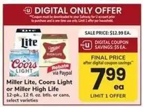 Safeway Miller Lite, Coors Light or Miller High Life offer