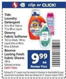 Safeway Tide Laundry Detergent, Downy Fabric Softener, Bounce Fabric Sheets offer