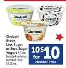 Safeway Chobani Greek, Less Sugar or Zero Sugar Yogurt offer