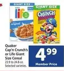 Safeway Quaker Cap’n Crunch’s or Life Giant Size Cereal offer