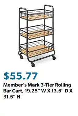 Sam's Club Member's Mark 3-Tier Rolling Bar Cart, 19.25 W X 13.5 D X 31.5 H offer