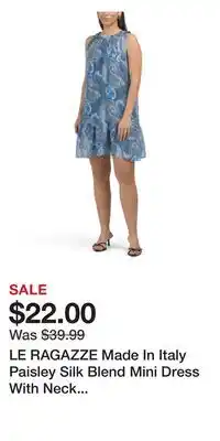 TJ Maxx LE RAGAZZE Made In Italy Paisley Silk Blend Mini Dress With Neck Detail offer