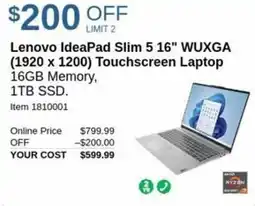 Costco Lenovo ideapad slim 5 16" WUXGA 1920 x 1200 touchscreen laptop offer