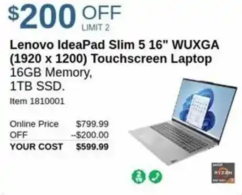 Costco Lenovo ideapad slim 5 16" WUXGA 1920 x 1200 touchscreen laptop offer