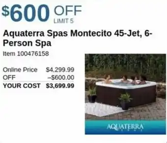Costco Aquaterra spas montecito 45 jet, 6 person spa offer