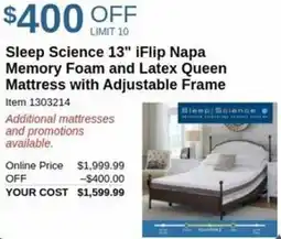Costco Sleep science iflip napa memory foam and latex queen mattress with adjustable frame offer