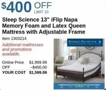 Costco Sleep science iflip napa memory foam and latex queen mattress with adjustable frame offer