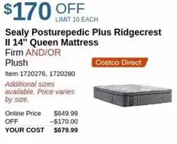 Costco Sealy posturepedic plus ridgecrest II 14" queen mattress offer