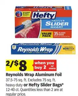 Meijer Reynolds Wrap Aluminum Foil 37.5-75 sq. ft. or Hefty Slider Bags* 12-40 ct offer