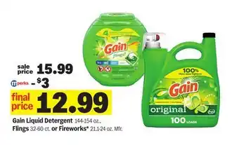 Meijer Gain Liquid Detergent 144-154 oz., Flings 32-60 ct. or Fireworks* 21.1-24 oz offer