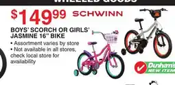 Dunham's Sports SCHWINN BOYS' SCORCH OR GIRLS' JASMINE 16 BIKE offer