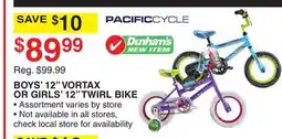 Dunham's Sports PACIFIC CYCLE BOYS' 12 VORTAX OR GIRLS' 12 TWIRL BIKE offer