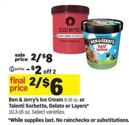 Meijer Ben & Jerry’s Ice Cream or Talenti Sorbetto, Gelato or Layers offer