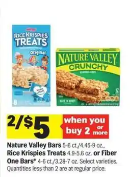 Meijer Nature Valley Bars, Rice Krispies Treats, or Fiber One Bars offer