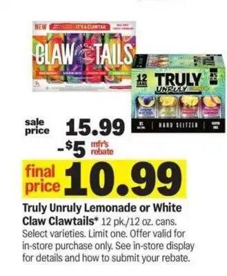 Meijer Truly Unruly Lemonade or White Claw Clawtails offer