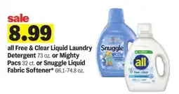 Meijer all Free & Clear Liquid Laundry Detergent or Mighty Pacs or Snuggle Liquid Fabric Softener offer